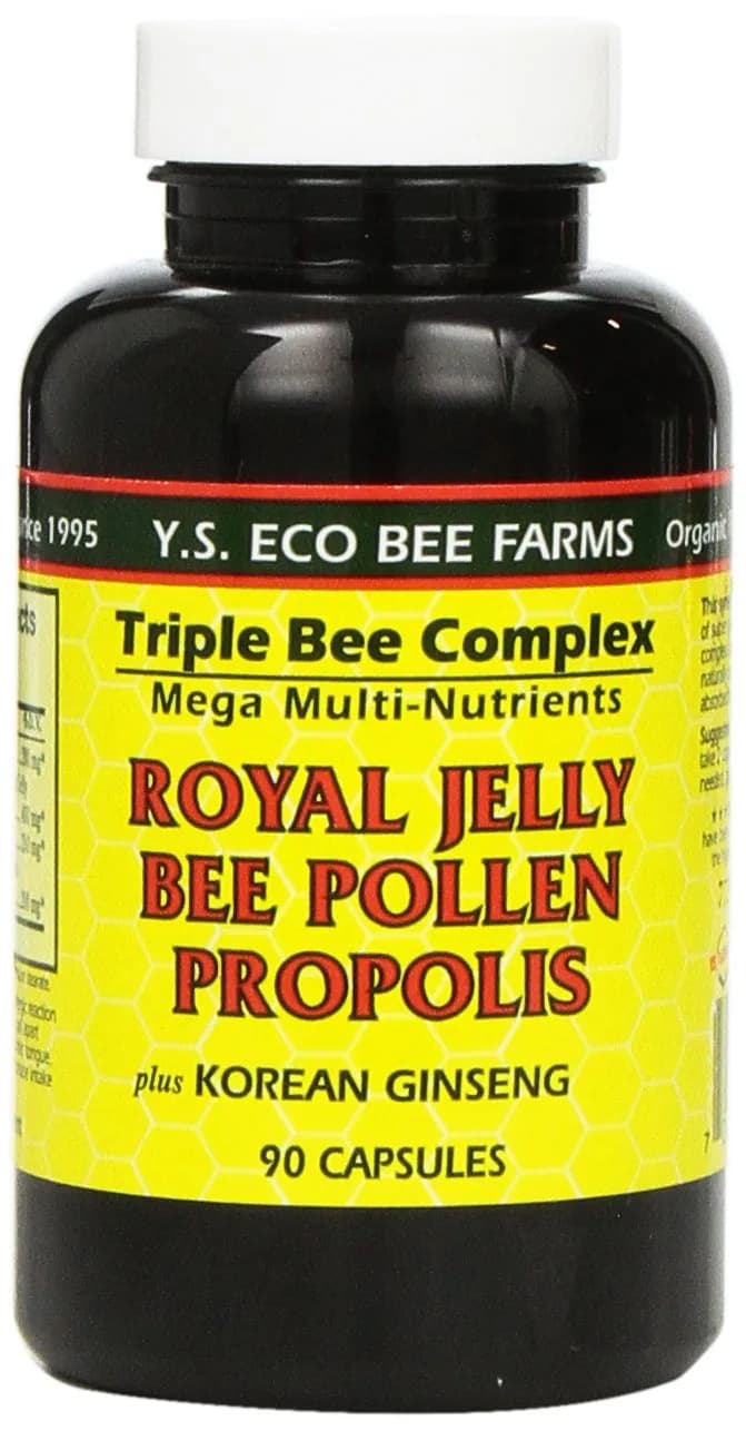 YS Organic Royal Jelly Bee Pollen Propolis with Ginseng Capsules 90 Count | Triple Bee Complex for Energy