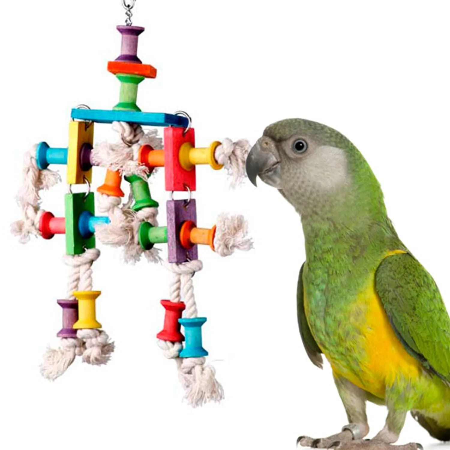 Super Bird Creations Dancing Spools Bird Toy with Cotton Rope for Medium Birds | 33cm (13" L x 8" H x 2" W) - main product image
