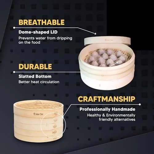 Helen's Asian Kitchen 10-Inch Natural Bamboo Food Steamer Basket with Lid | Traditional 2-Tier Steamer for Dumplings, Dim Sum, Veggies, Fish, Meat thumbnail 3