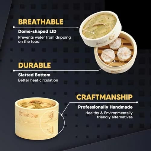Helen's Asian Kitchen Bamboo Dim Sum Steamer Basket with Lid, 4 Inch (10 cm) 1-Tier | Authentic Asian Cooking thumbnail 7