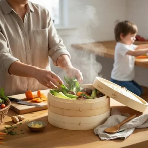 Helen's Asian Kitchen 12-Inch Bamboo Food Steamer with Lid | Natural Bamboo Steamer Basket for Dumplings, Dim Sum, Veggies, Fish, Meat thumbnail 4