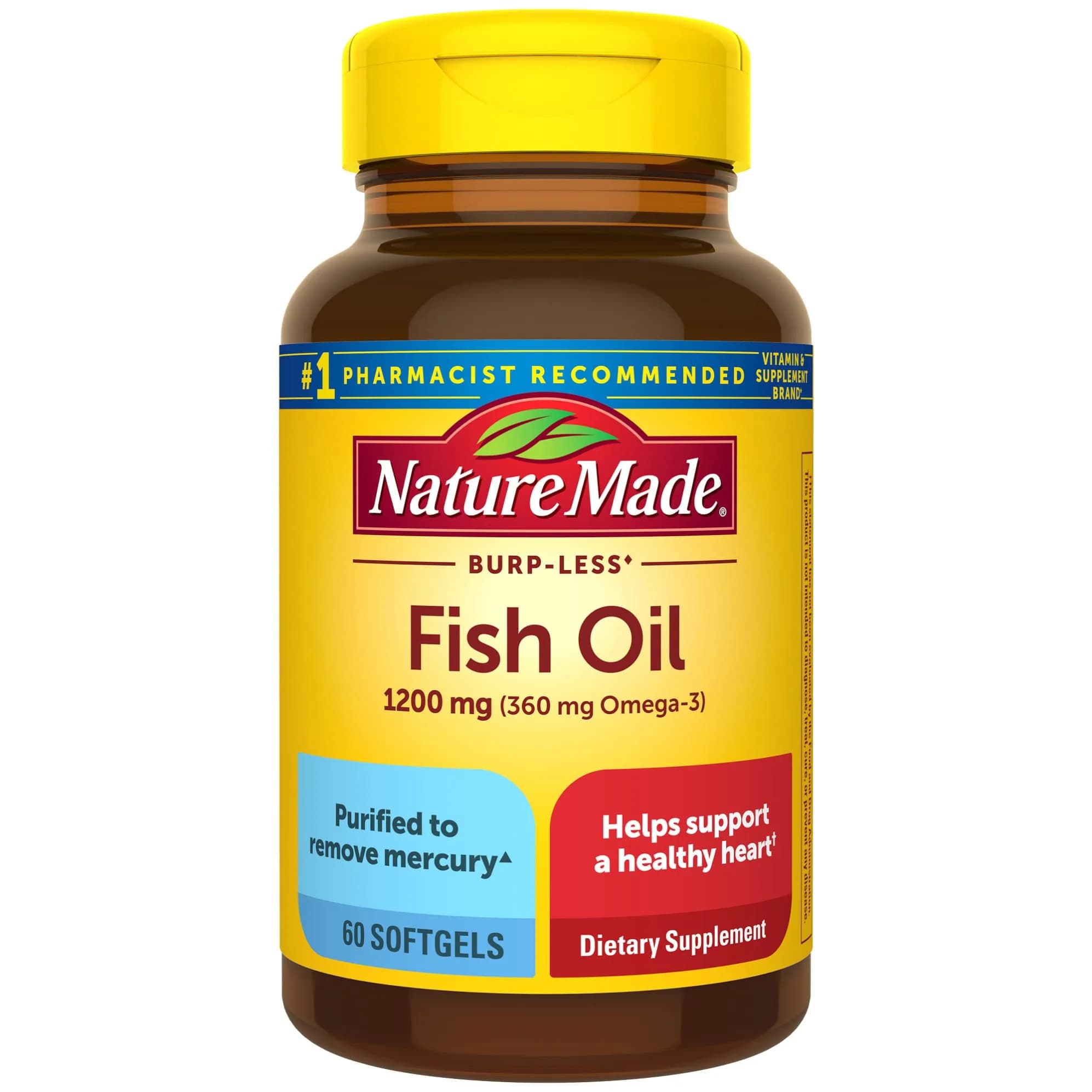 Nature Made Burp Less Fish Oil 1200 mg Softgels | 720 mg Omega-3 EPA DHA for Heart Health Support (60 Count, 30 Day Supply) — Pack of 1