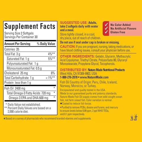 Nature Made Burp Less Fish Oil 1200 mg Softgels | 720 mg Omega-3 EPA DHA for Heart Health Support (60 Count, 30 Day Supply) thumbnail 2