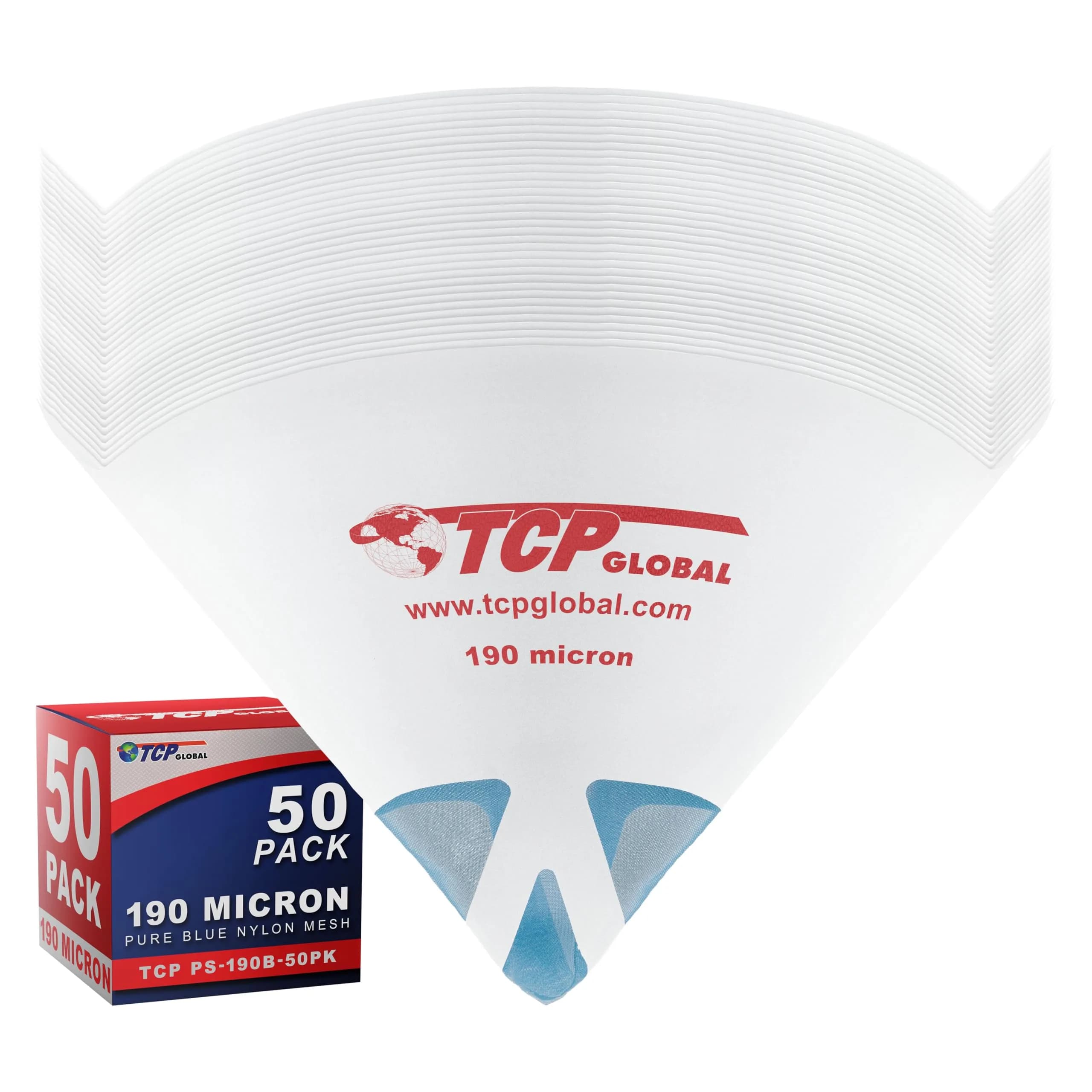 TCP Global 190 Micron Filter Tips Ultra-Fine Paint Strainer (50 Pack) | Superior Filtration for All Paint Types - main product image