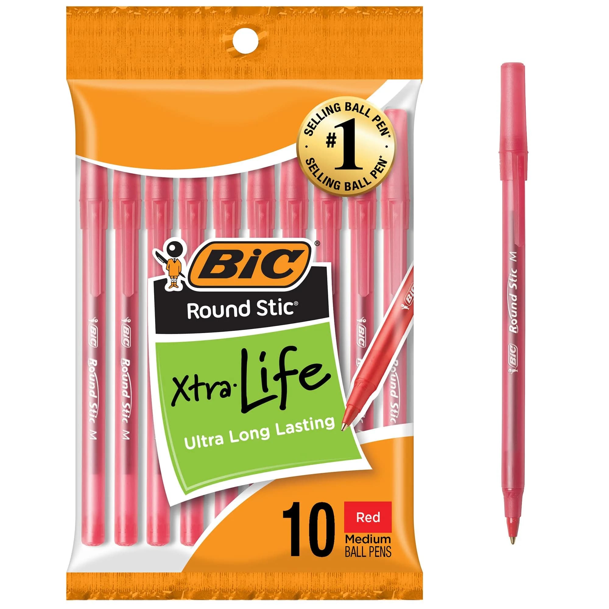 BIC Round Stic Xtra Life Red Ballpoint Pens, Medium Point (1.0mm), 10-Count Pack | Smooth Writing Comfort