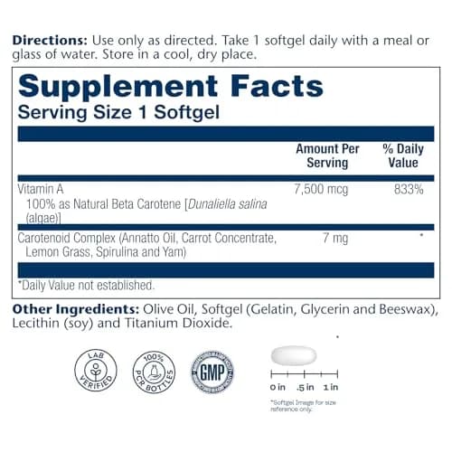 SOLARAY Food Carotene 7500mcg (25000 IU) | Vitamin A Supplement for Eyes & Skin, Plant Sourced, 200 Softgels thumbnail 2