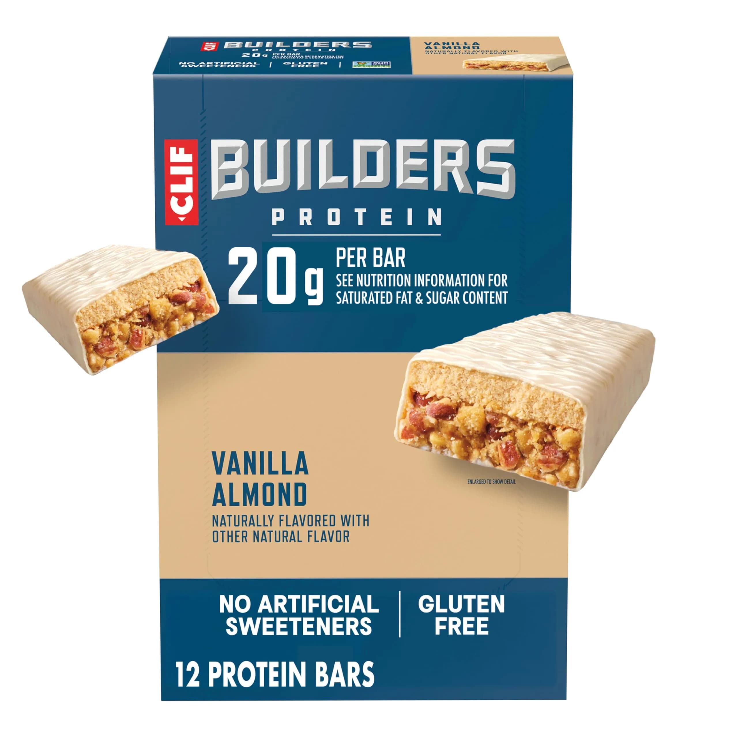 CLIF BUILDERS Protein Bars - Chocolate Flavor - 20g Plant Based Protein - Gluten Free - 2.4 oz. (68g) | Post-Workout Recovery Snack — Vanilla Almond