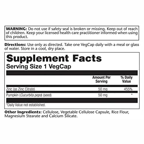Solaray Zinc Citrate 50mg, Pumpkin Seed for Absorption, 60 Capsules | Supports Immunity & Skin thumbnail 2