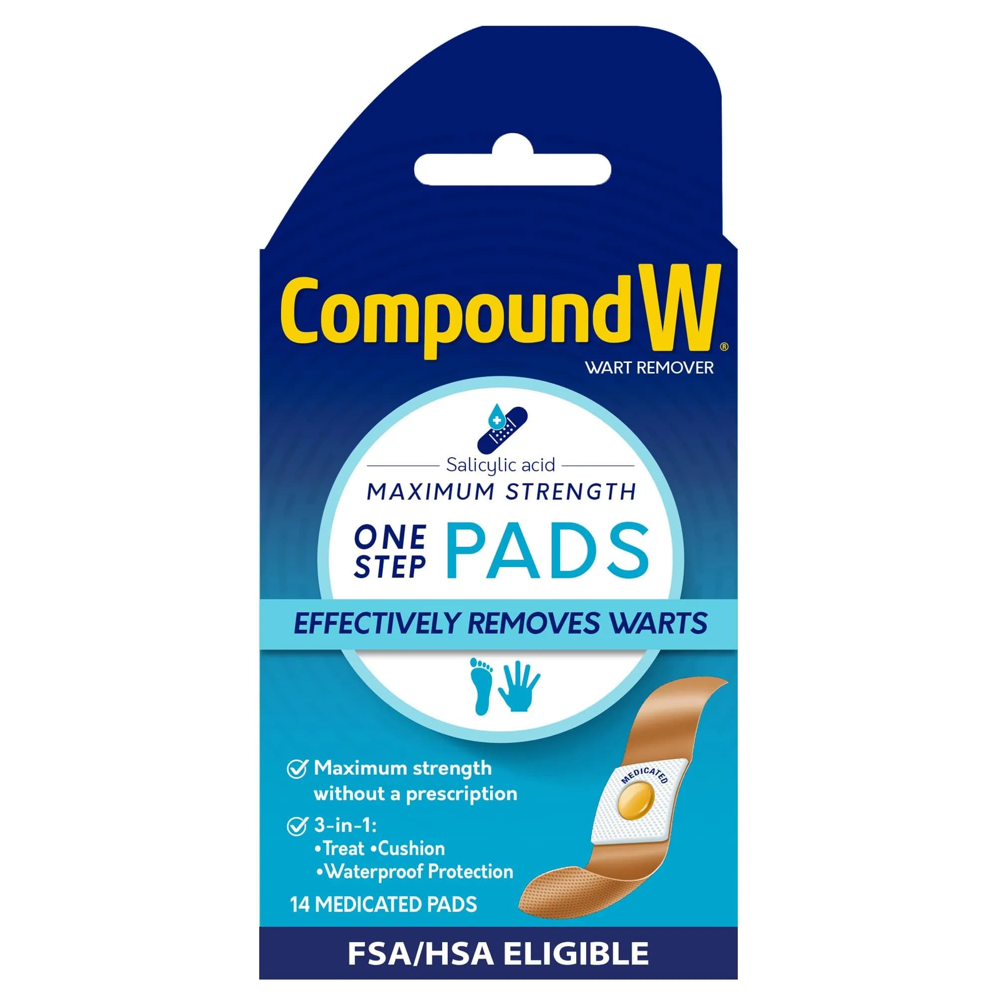 Compound W Wart Remover Maximum Strength One Step Pads with Salicylic Acid, 14 Medicated Pads | Salicylic Acid Wart Removal Medication thumbnail 1