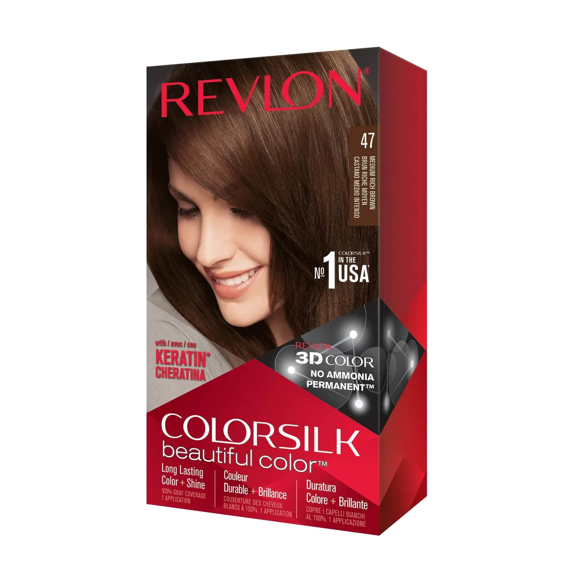 Revlon Colorsilk Permanent Hair Color 47 Medium Rich Brown | Ammonia-Free, Keratin & Silk Amino Acids, 125ml (4.4 Oz) — 47 Medium Rich Brown