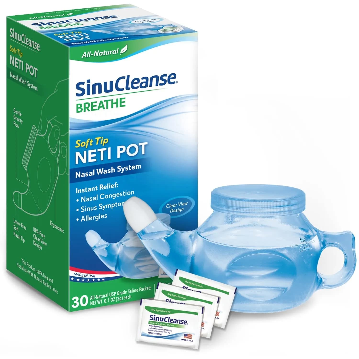 SinuCleanse 100 Pre-Mixed Saline Packets for Sinus Rinse Systems | All-Natural, Pharmaceutical Grade & PH Balanced Saline Packets for Neti Pots & Nasal Wash Systems, Made in USA — Neti Pot