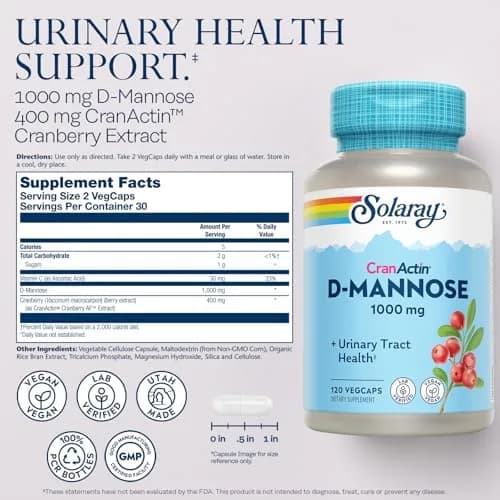 SOLARAY D-Mannose with CranActin Cranberry Supplement 120 Count | Urinary Support & Antioxidant Boost thumbnail 2
