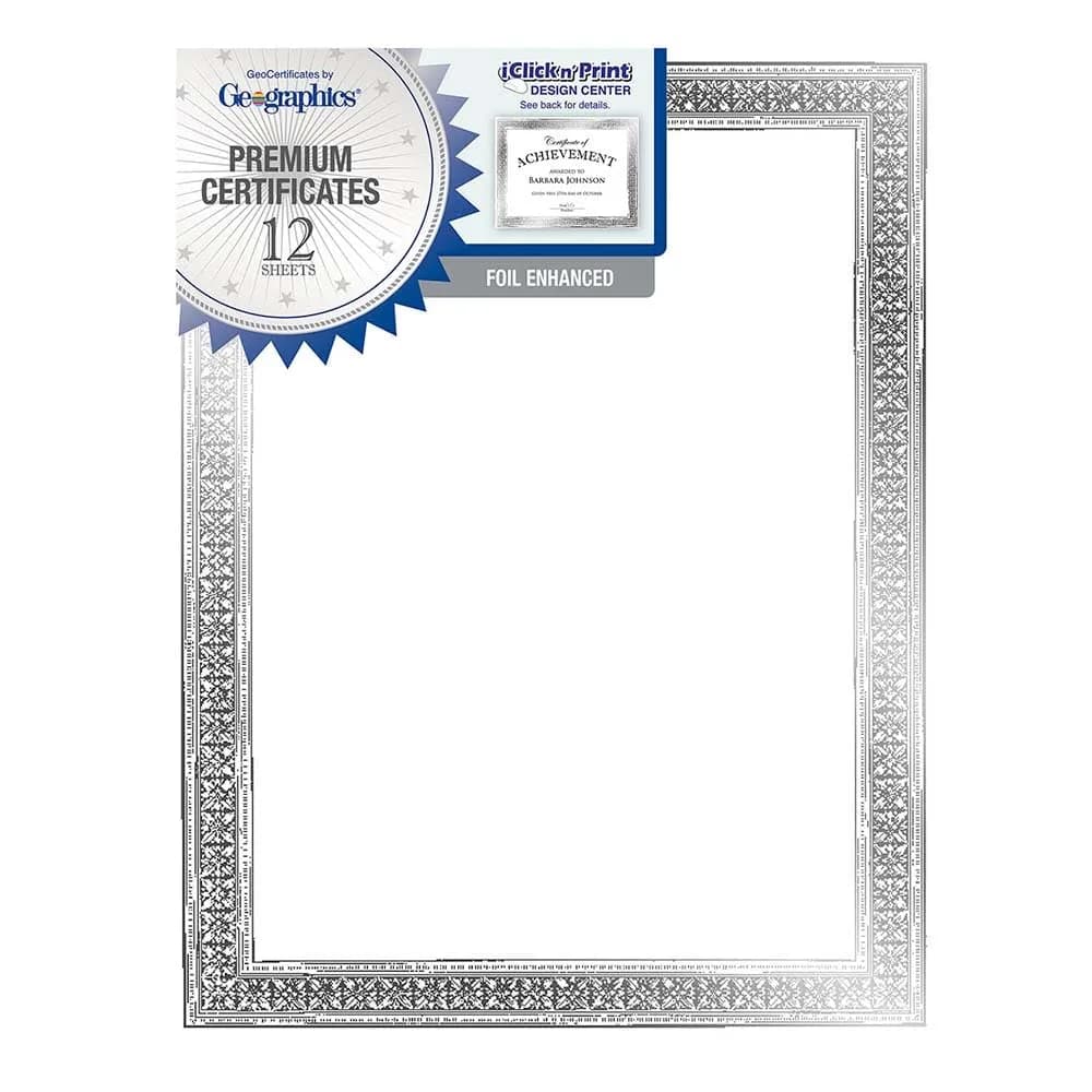 Geographics Diplomat Certificate Paper 50 Sheets | 8.5 x 11 Inch Parchment with Golden Border — Silver Flourish