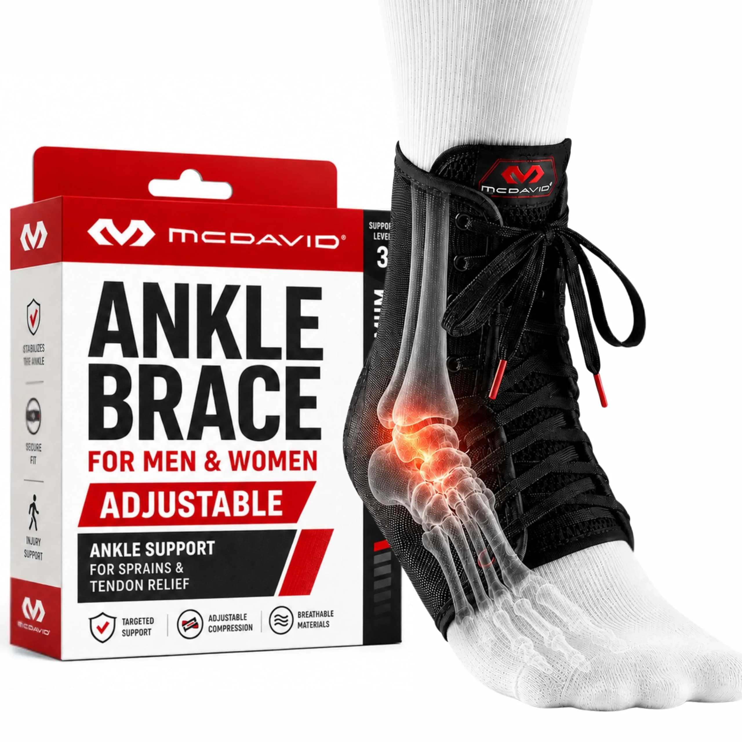 McDavid Adjustable Ankle Brace for Women Men | Support & Recovery, Breathable, Durable, Lace Up, Fits Left or Right — Black / X-Large