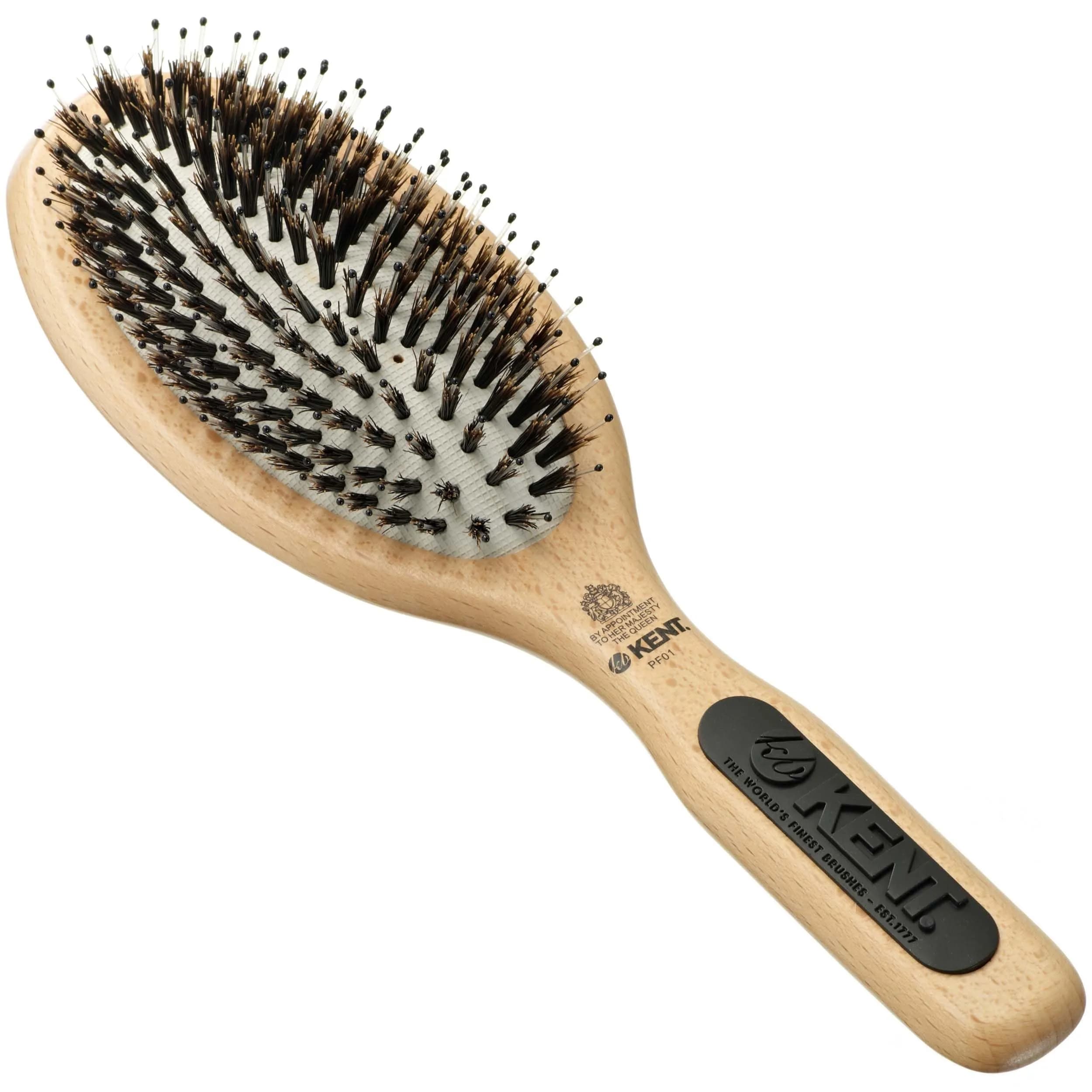 Kent PF02 Small Cushion Detangler Brush – Boar Bristle & Nylon Mix 7" (17.8 cm) | Detangles & Smooths Hair — Light Brown, Black