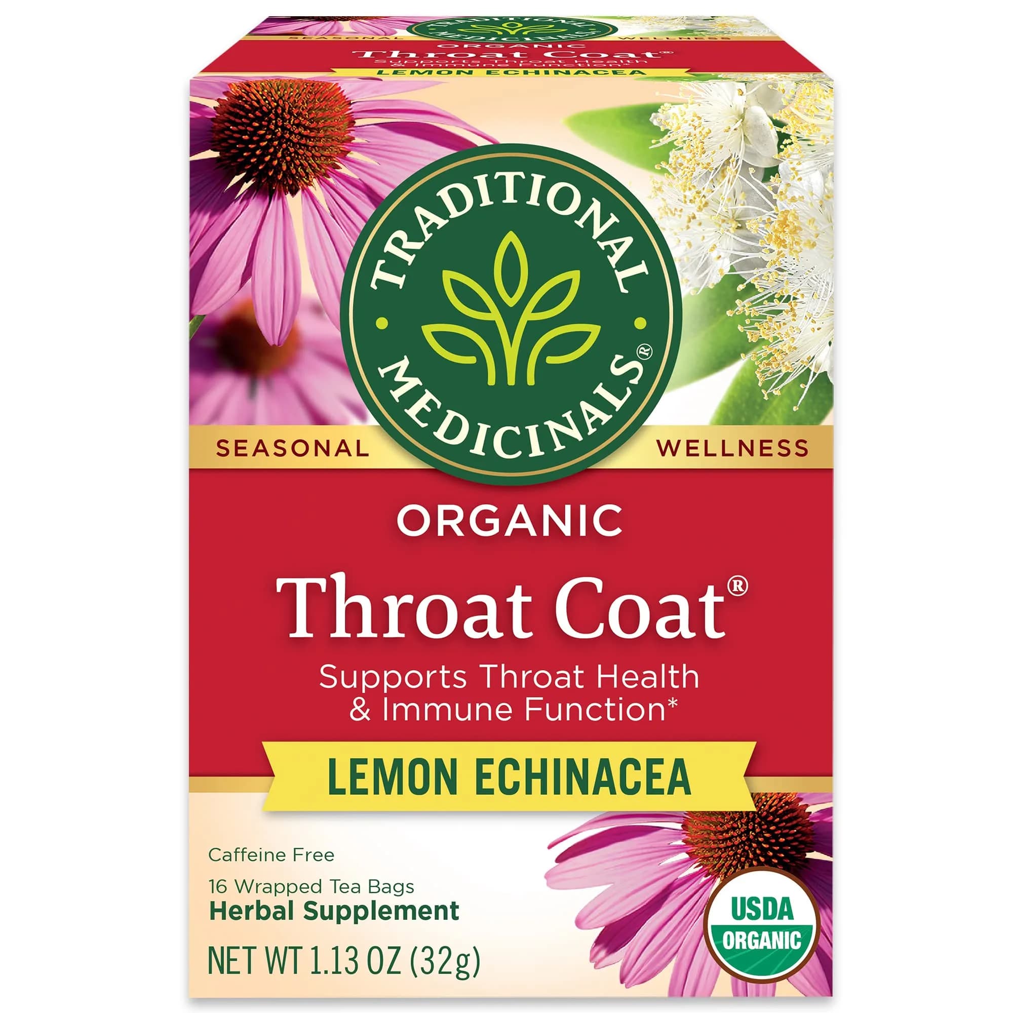 Traditional Medicinals Organic Throat Coat Lemon Echinacea Tea 16 ct | Supports Throat Health & Immune System