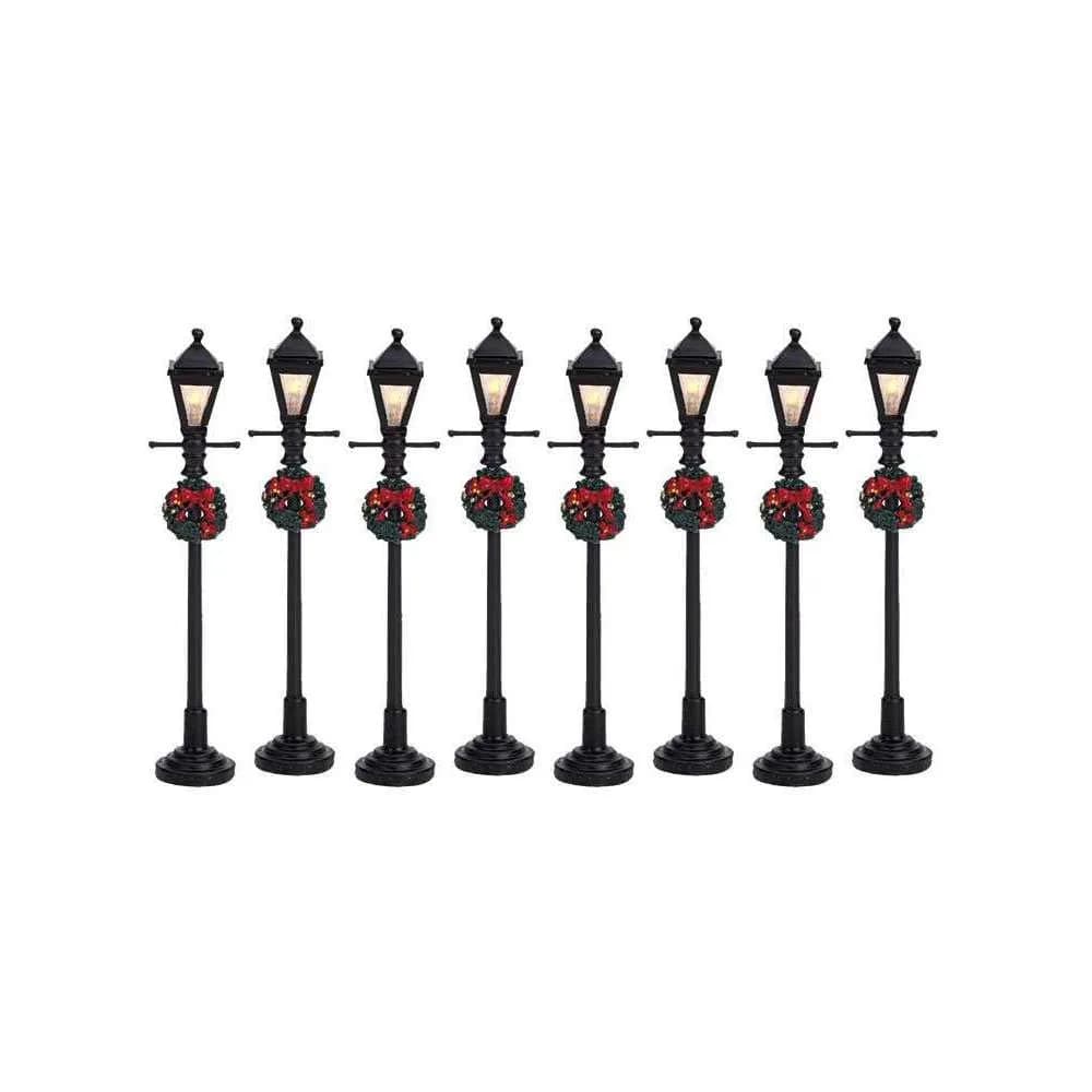 Lemax Gas Lantern Street Lamp Set of 8 Battery Operated 10.5cm (4.13in) Red Shades | Christmas Village Accessory