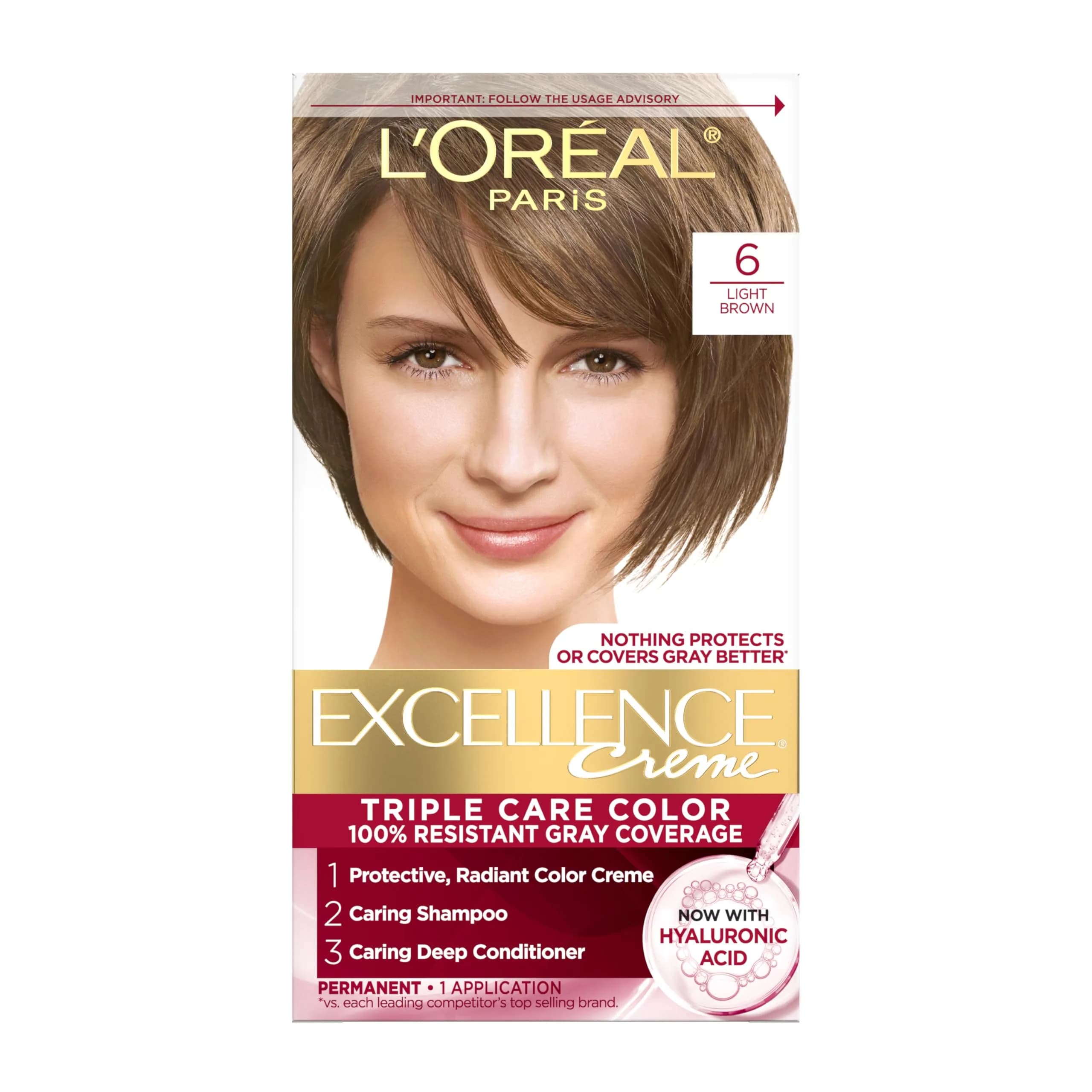 L'Oreal Paris Excellence Crème Permanent Hair Dye, Triple Care 6 Light Brown, 1 Kit | Hyaluronic Acid Gray Coverage