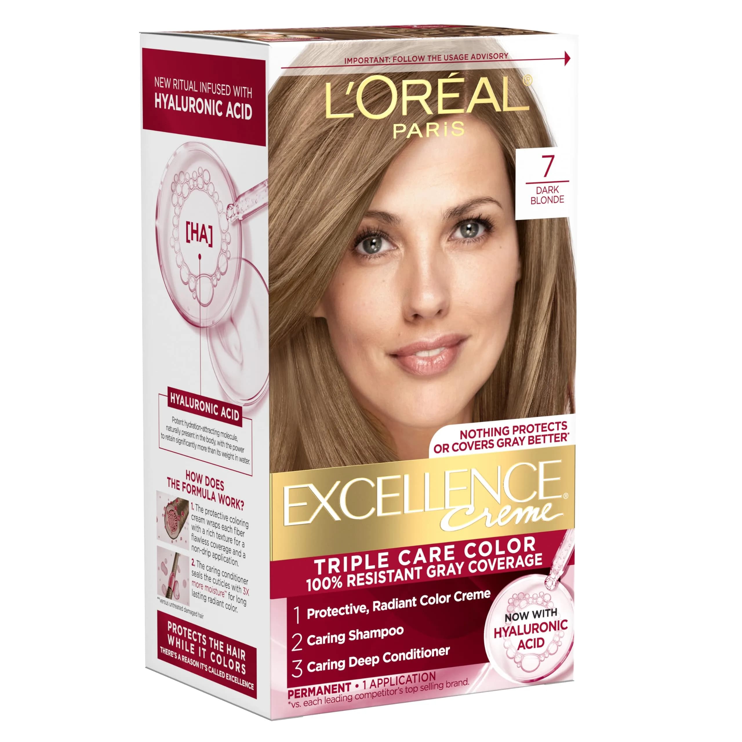 L'Oreal Paris Excellence Crème Permanent Hair Dye 7 Dark Blonde | Triple Care Color with Hyaluronic Acid for 100% Gray Coverage