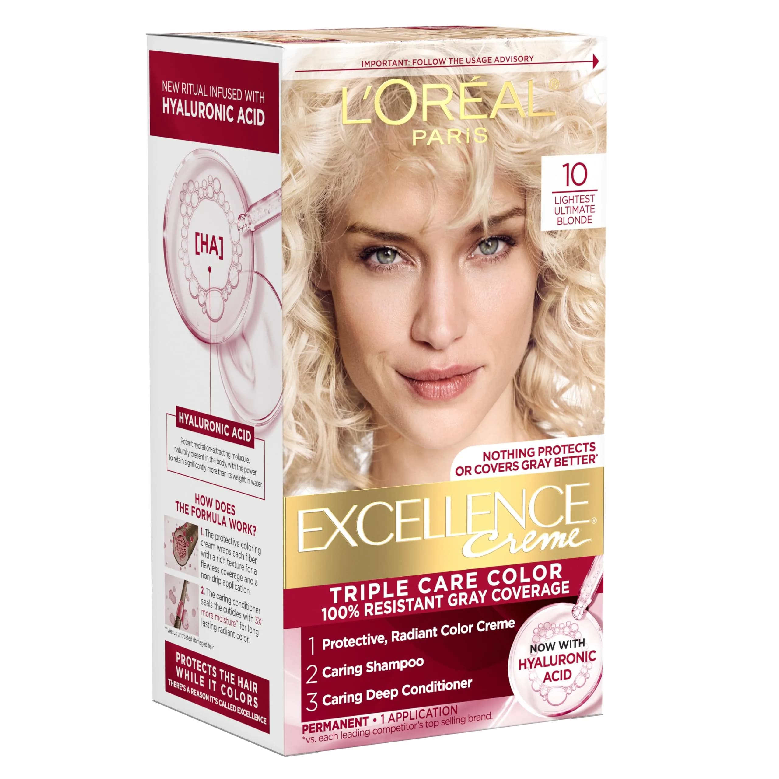 L'Oreal Paris Excellence Crème Permanent Hair Dye 10 Lightest Ultimate Blonde | Triple Care Color with Hyaluronic Acid