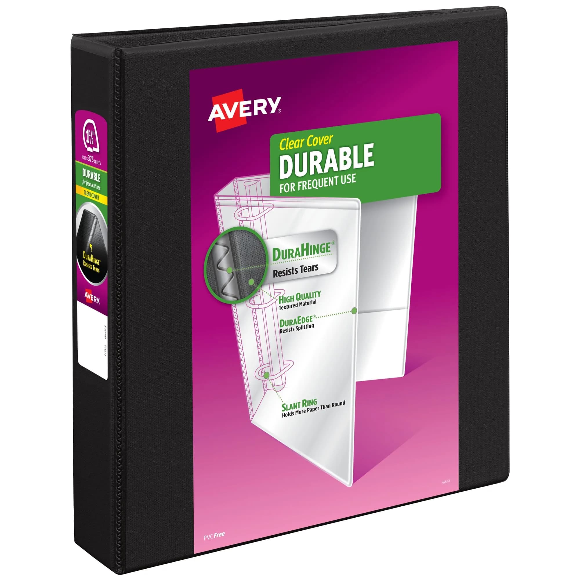 Avery Durable View 3 Ring Binder 1.5" Slant Rings Black 375 Sheets | Tear-Resistant DuraHinge Spine