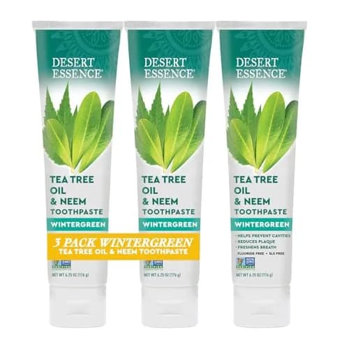 Desert Essence Tea Tree Oil and Neem Toothpaste, Wintergreen, 3 Pack | Fluoride-Free, Vegan, Fresh Breath (6.25 Oz x 3) thumbnail 1