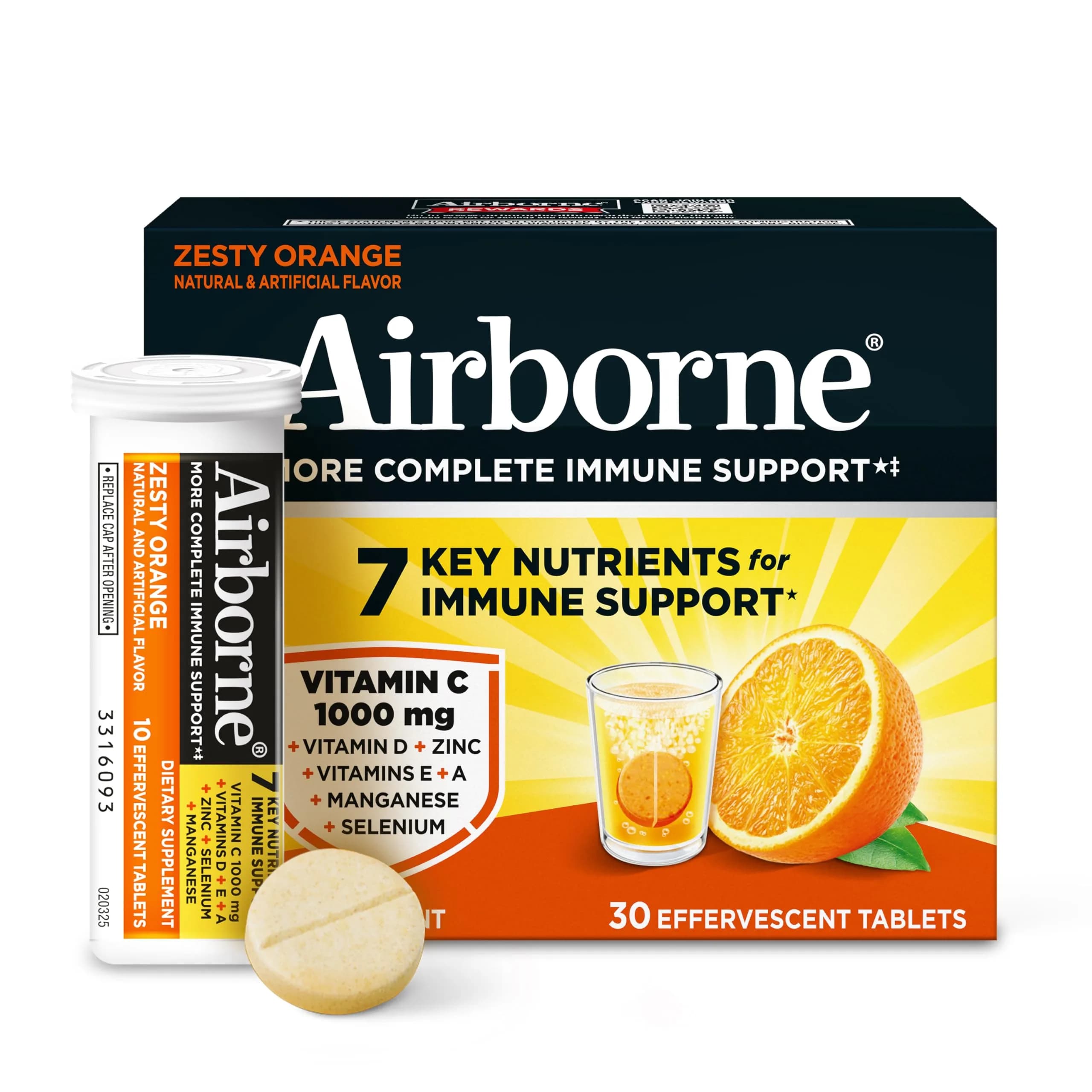 Airborne Immune Support Effervescent Tablets Zesty Orange 30 Count (Pack of 1) | 1000mg Vitamin C + 1500IU Vitamin D Immune Support