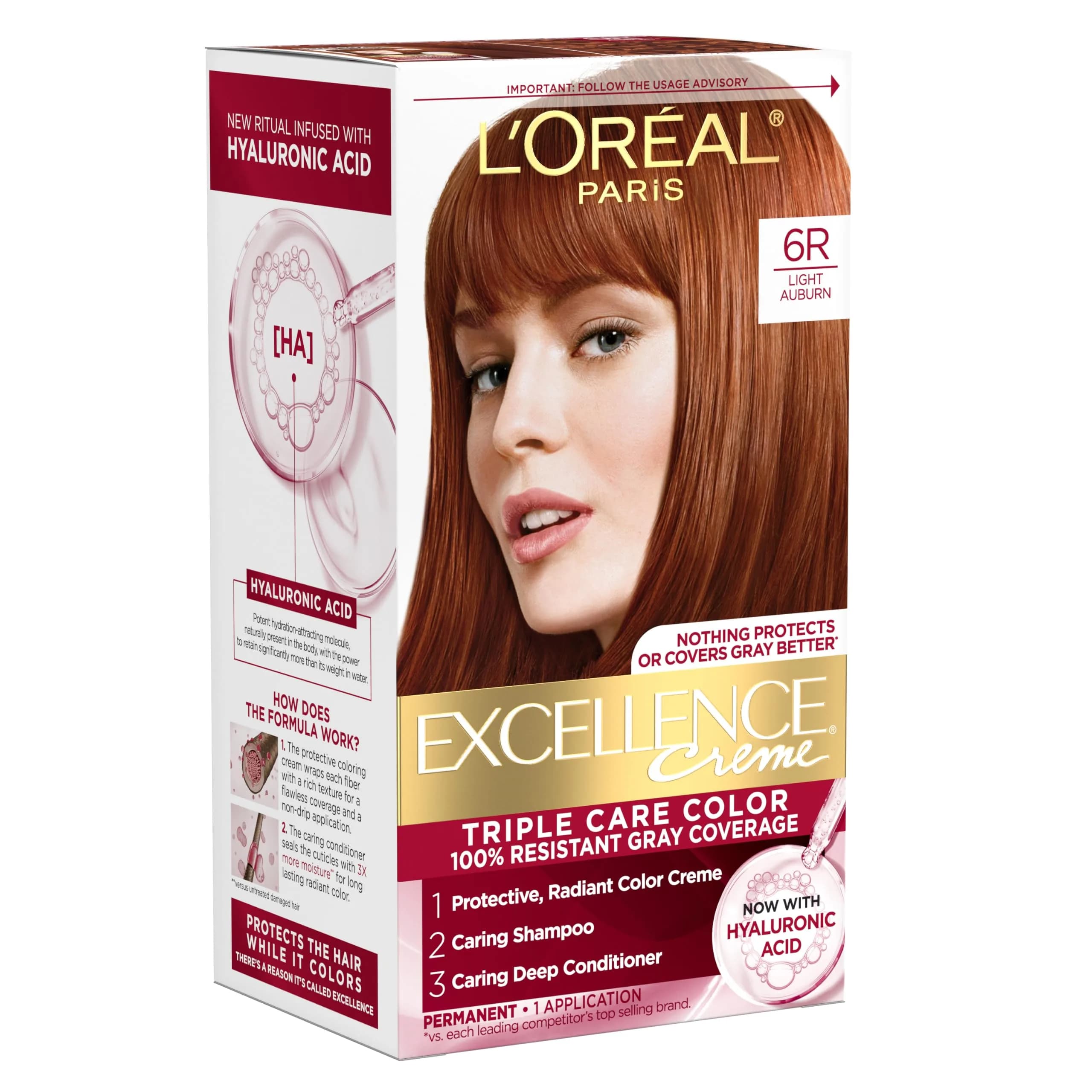 L'Oreal Paris Excellence Crème Permanent Hair Dye 6R Light Auburn | Triple Care Color with Hyaluronic Acid for 100% Gray Coverage