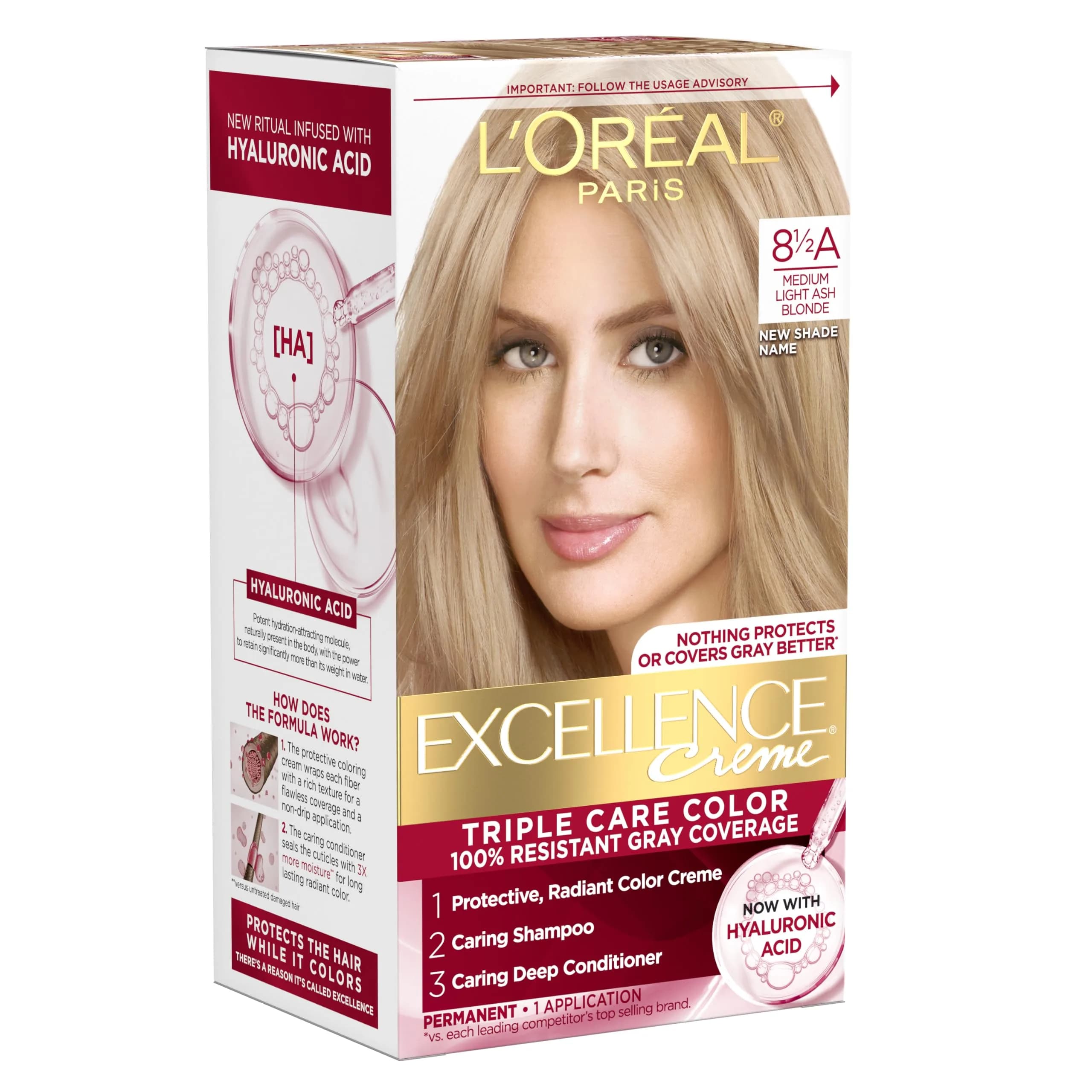 L'Oreal Paris Excellence Crème Permanent Hair Dye 8.5A Medium Light Ash Blonde Kit | Triple Care Color Routine