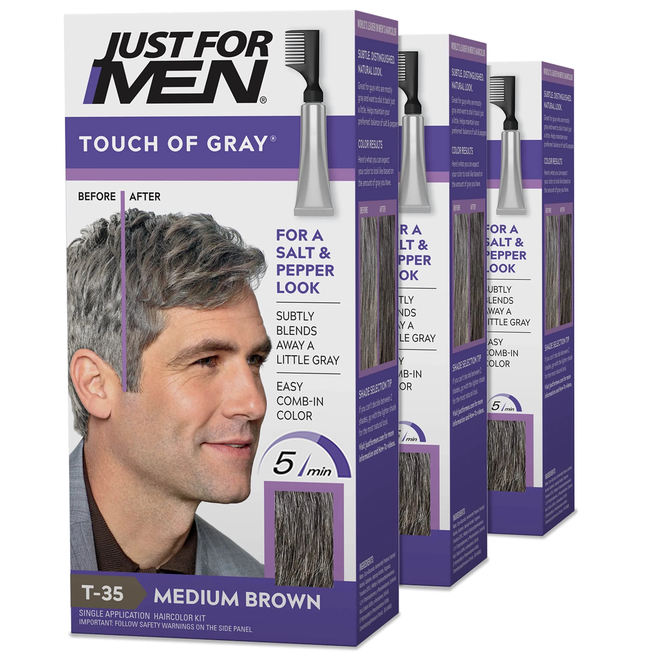 Just for Men Touch of Gray Hair Color, Medium Brown T-35 (1 Pack) | Subtle Gray Blending for Salt & Pepper Look — Medium Brown T-35