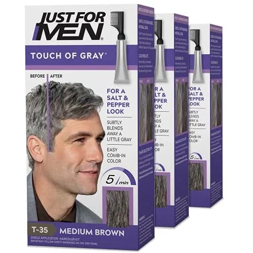 Just for Men Touch of Gray Hair Color, Salt & Pepper Look, Medium Brown T-35 (3 Pack) | Blends Gray Hair for a Natural Look thumbnail 1