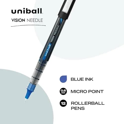 Uni-Ball Vision Needle Rollerball Pens, Micro Point (0.5mm), Blue, 12 Pack | Smooth Ink Flow thumbnail 2
