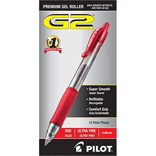 PILOT G2 Gel Roller Pens Ultra Fine Point 0.38 mm Red Pens 12 Count | Longest-Lasting Gel Ink Pen thumbnail 1