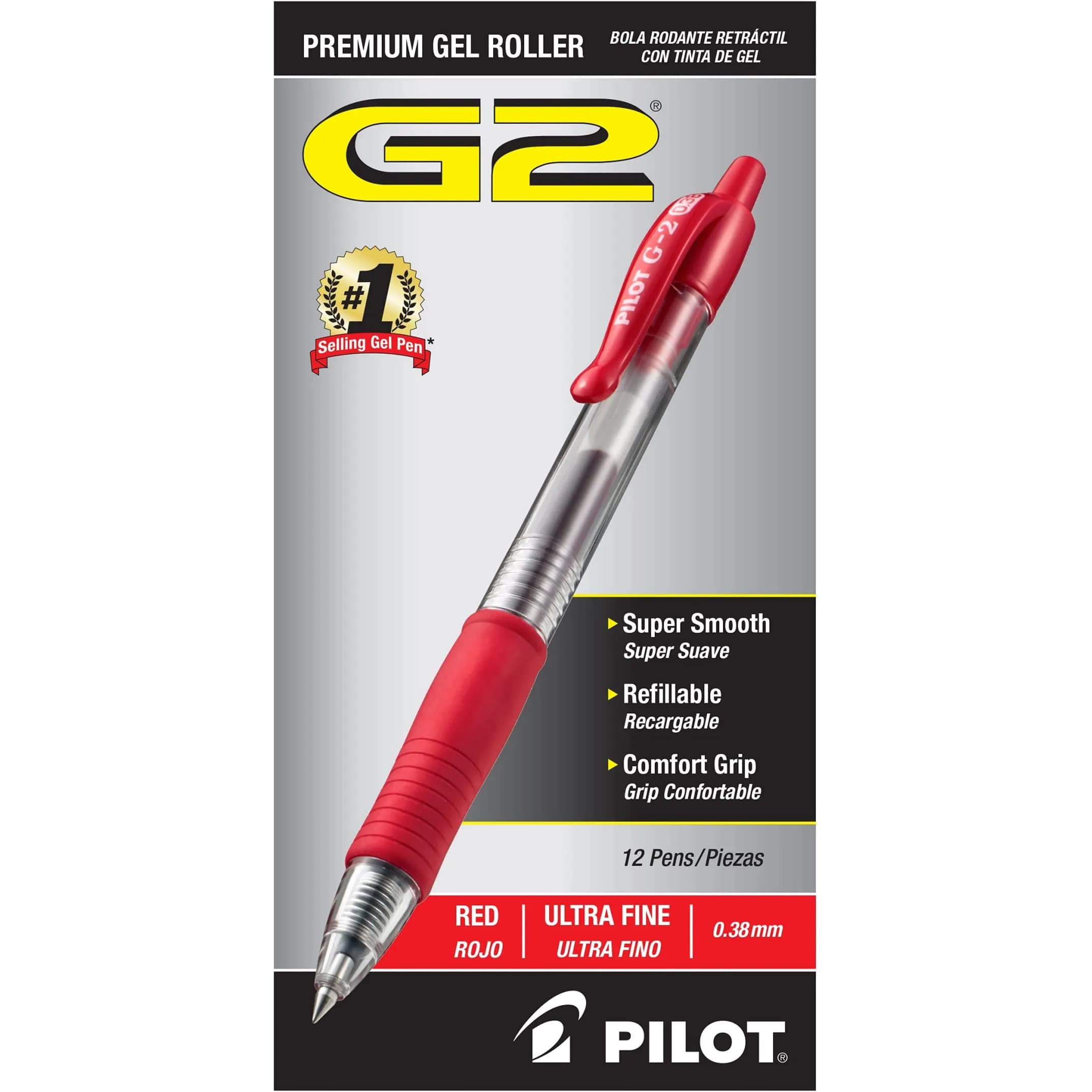 PILOT G2 Premium Retractable Gel Pens, 0.38mm Ultra Fine Point, Black Ink, 12-Pack | Smooth Writing Instrument for Students & Professionals — Red Ink