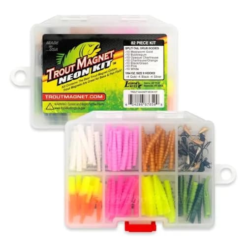 Trout Magnet 82 Piece Neon Fishing Kit with 70 Grub Bodies & 12 Size 8 Hooks | Catches All Fish Types thumbnail 1