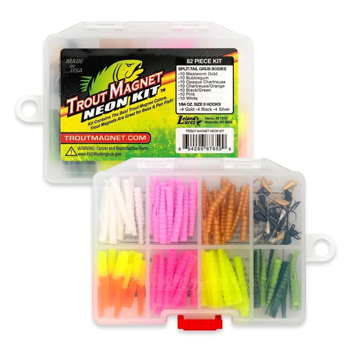 Trout Magnet 82 Piece Neon Fishing Kit with 70 Grub Bodies & 12 Size 8 Hooks | Catches All Fish Types
