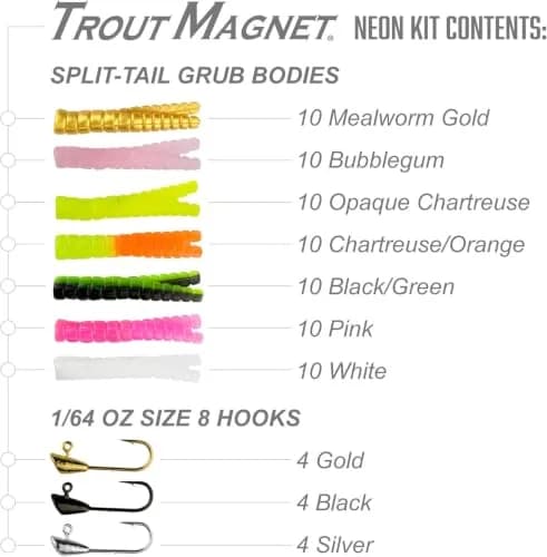 Trout Magnet 82 Piece Neon Fishing Kit with 70 Grub Bodies & 12 Size 8 Hooks | Catches All Fish Types thumbnail 3