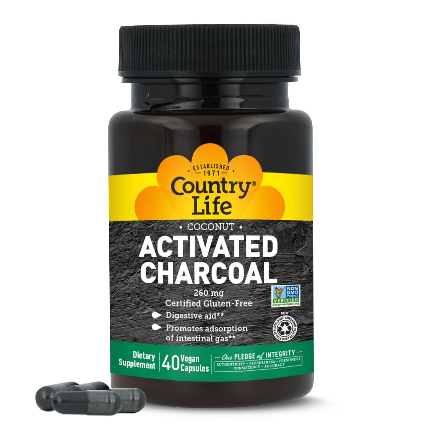 Country Life Coconut Activated Charcoal 260 mg | Vegan Capsules for Digestive Health Support