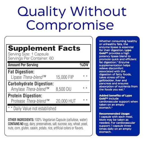 Enzymedica Lypo Gold - Enzyme Supplement for Fat Digestion - 60 Caps | Supports Fat & Vitamin Absorption thumbnail 8
