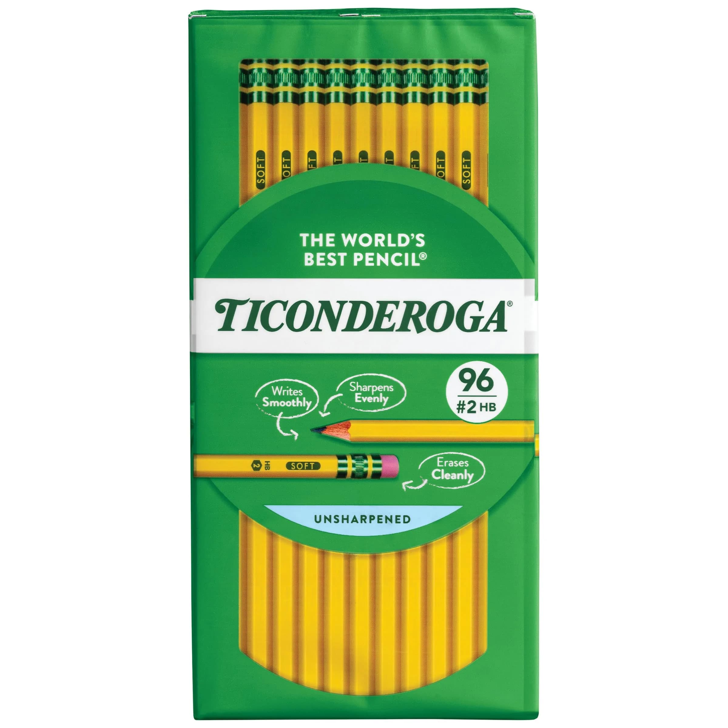 Ticonderoga Wood-Cased Pencils, Unsharpened, #2 HB Soft, Yellow, 96 Count | Smooth Writing Instrument for Students