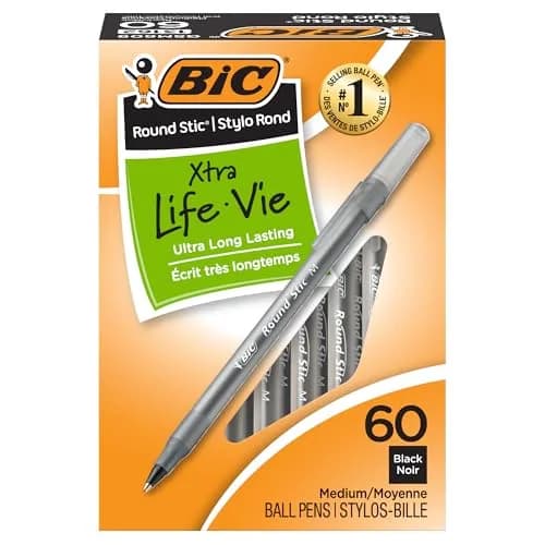 BIC Round Stic Xtra Life Ballpoint Pen, 60-Count Black Ink | Ultra Long Lasting & Consistent Flow thumbnail 1