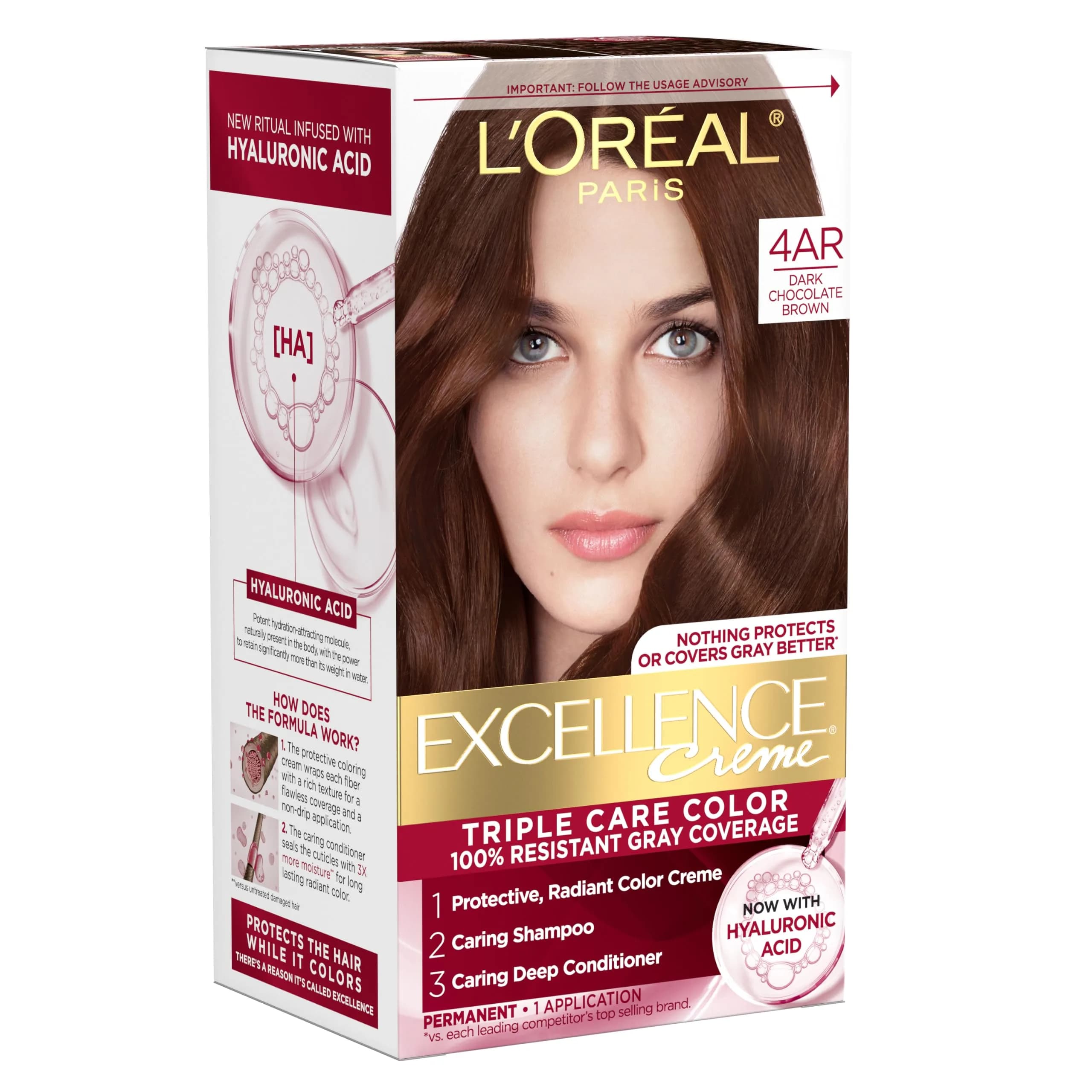 L'Oreal Paris Excellence Crème Permanent Hair Dye 4AR Dark Chocolate Brown | Triple Care Color Routine with Hyaluronic Acid