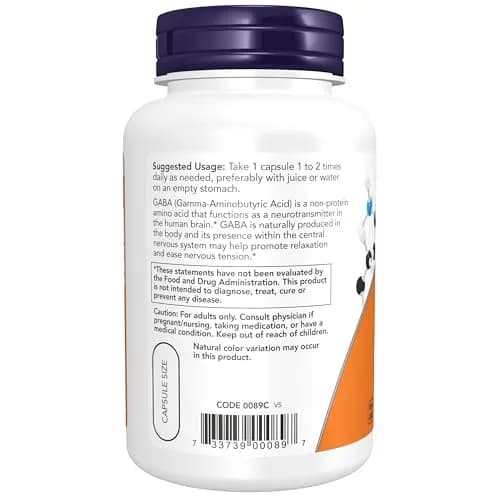 NOW Supplements GABA 750mg Cognitive Support 100 Veg Caps | Neurotransmitter Support thumbnail 3