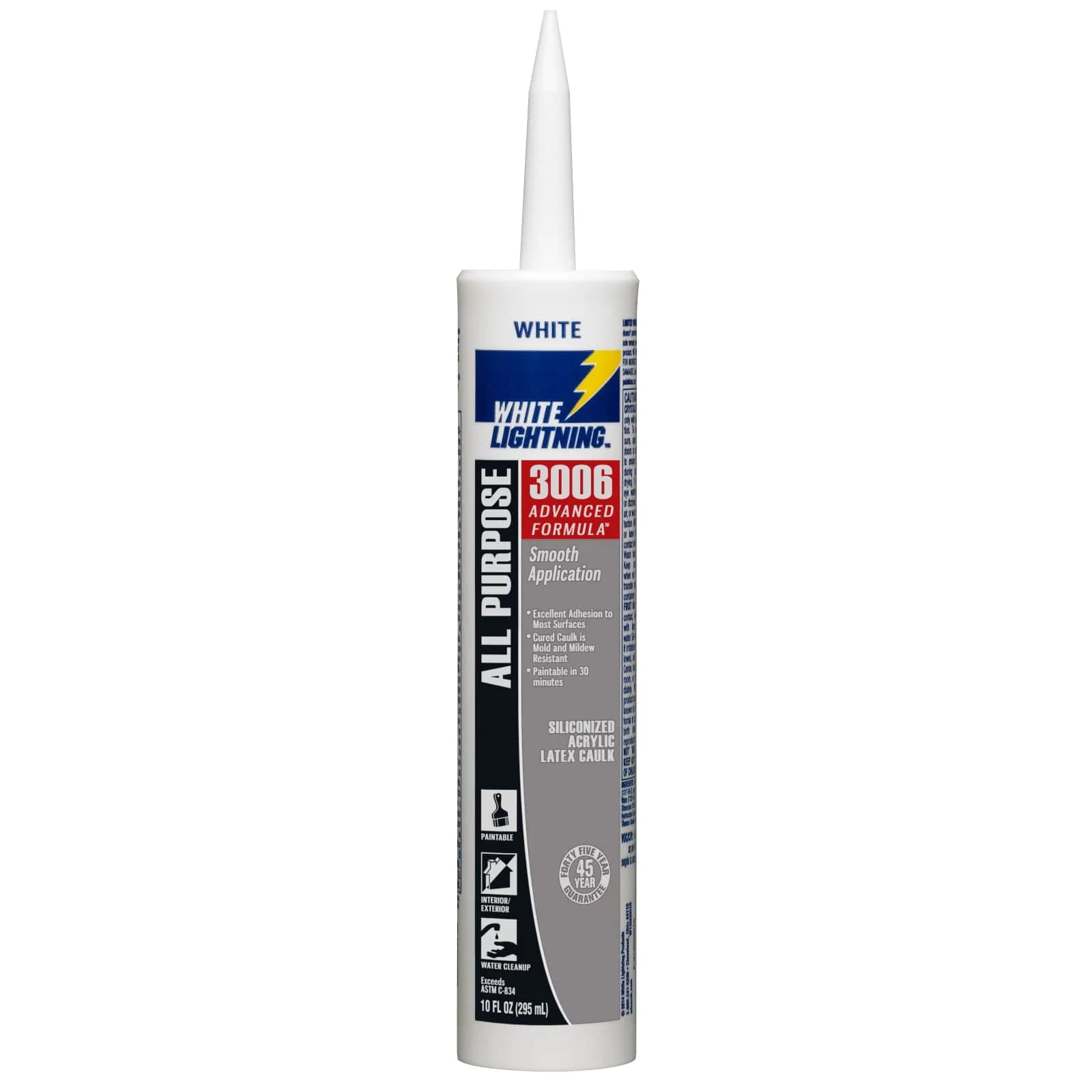 White Lightning Advanced Formula Caulk 295ml (10 fl. oz.) | Latex Caulk for Interior/Exterior Use