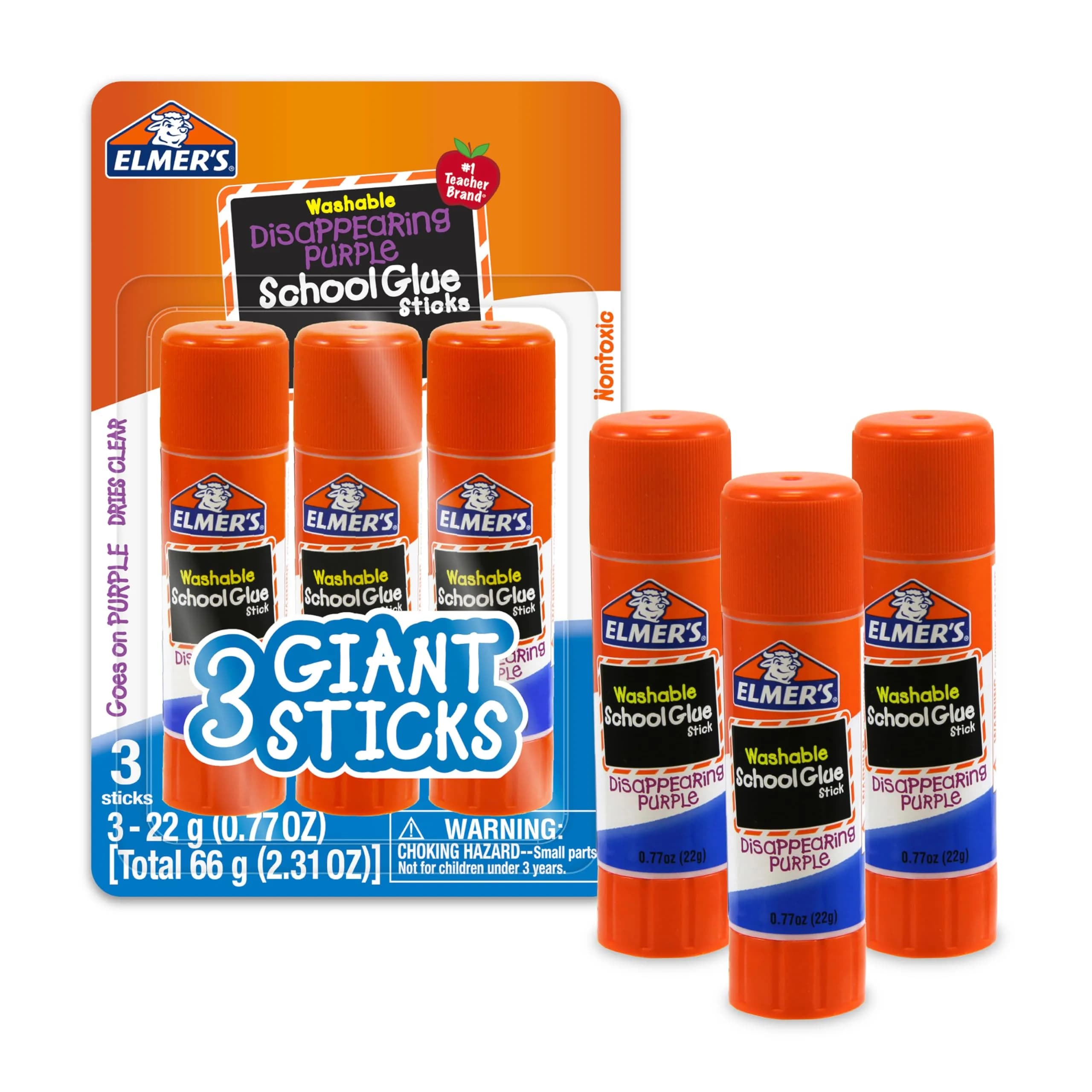 Elmer's Disappearing Purple School Glue Sticks, Washable, 3 Count (22g Each) | #1 Teacher Brand