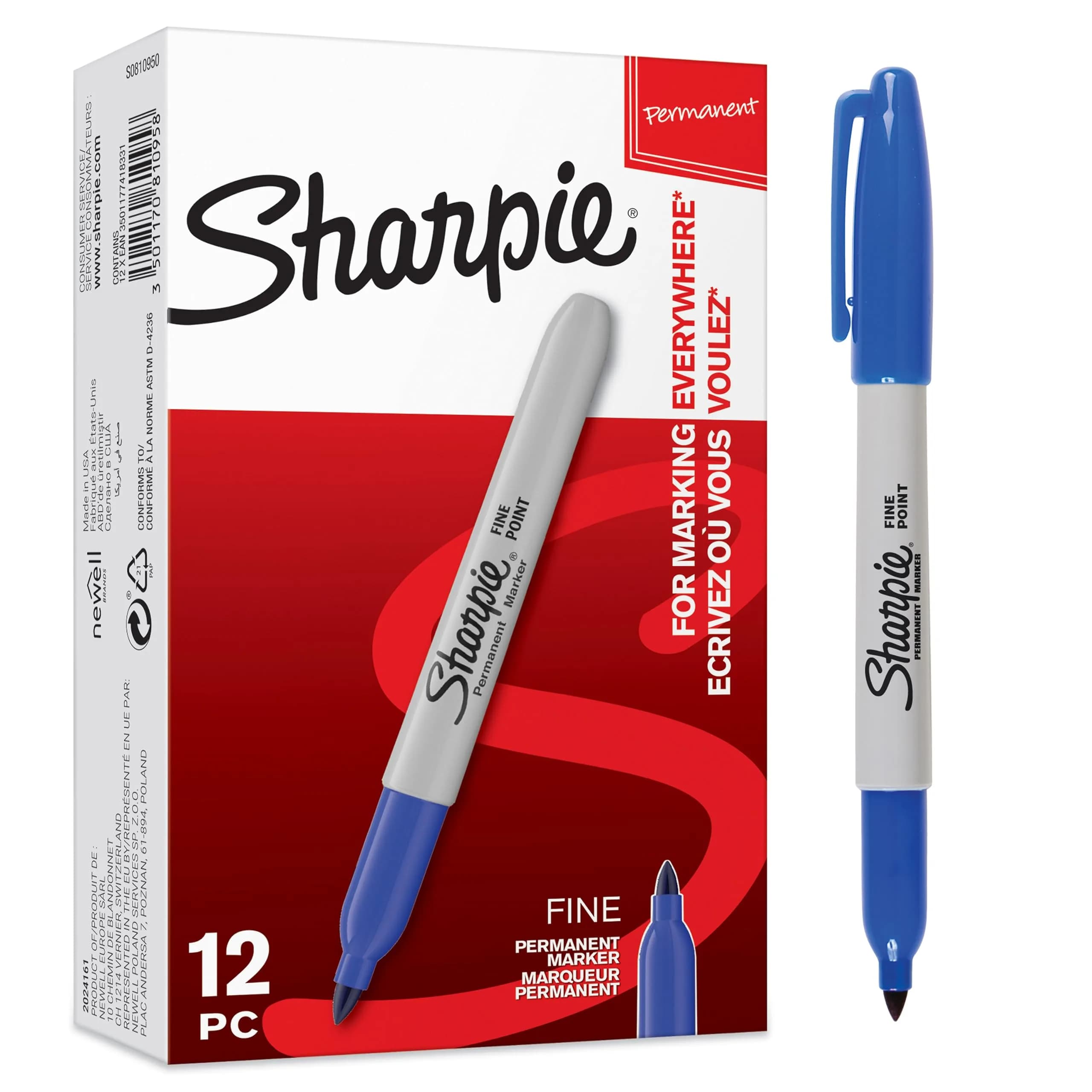 Sharpie Permanent Markers, Fine Point, Black, 12 Count | Fade & Water Resistant — Blue