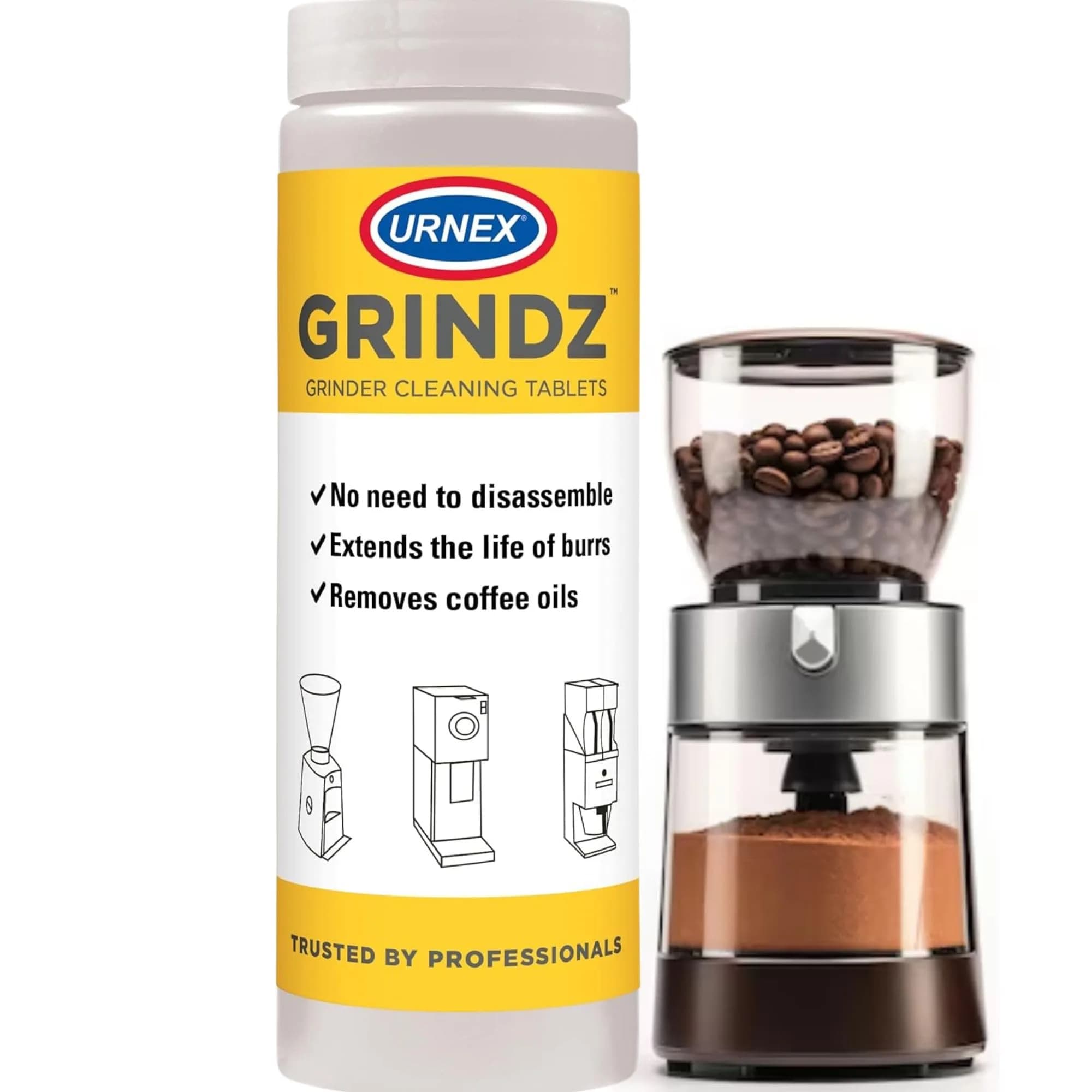 Urnex Grindz Professional Coffee Grinder Cleaning Tablets 102 Count | Cleans Burr and Casing