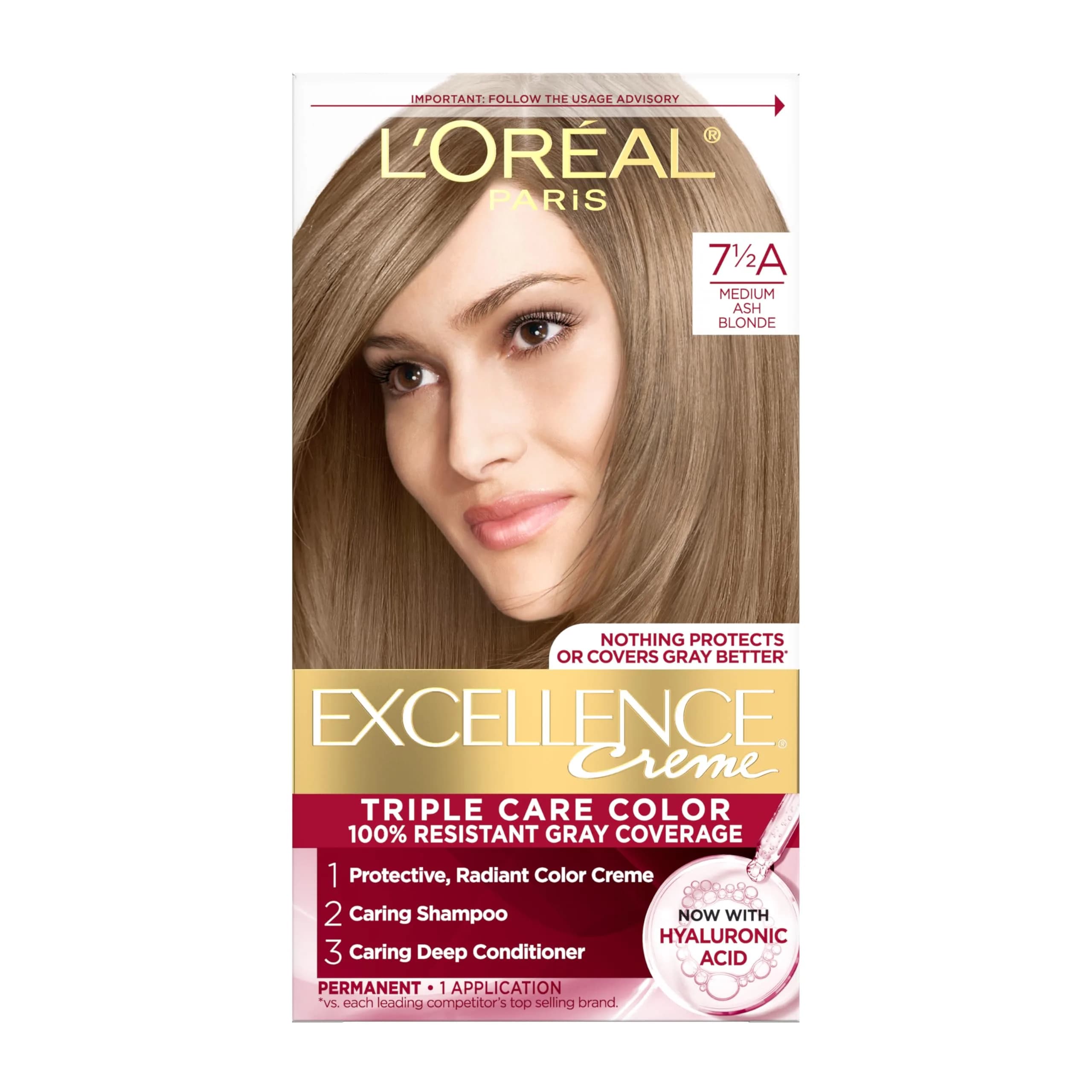 L'Oreal Paris Excellence Crème Permanent Hair Dye 7.5A Medium Ash Blonde | Triple Care Color with Hyaluronic Acid for 100% Gray Coverage