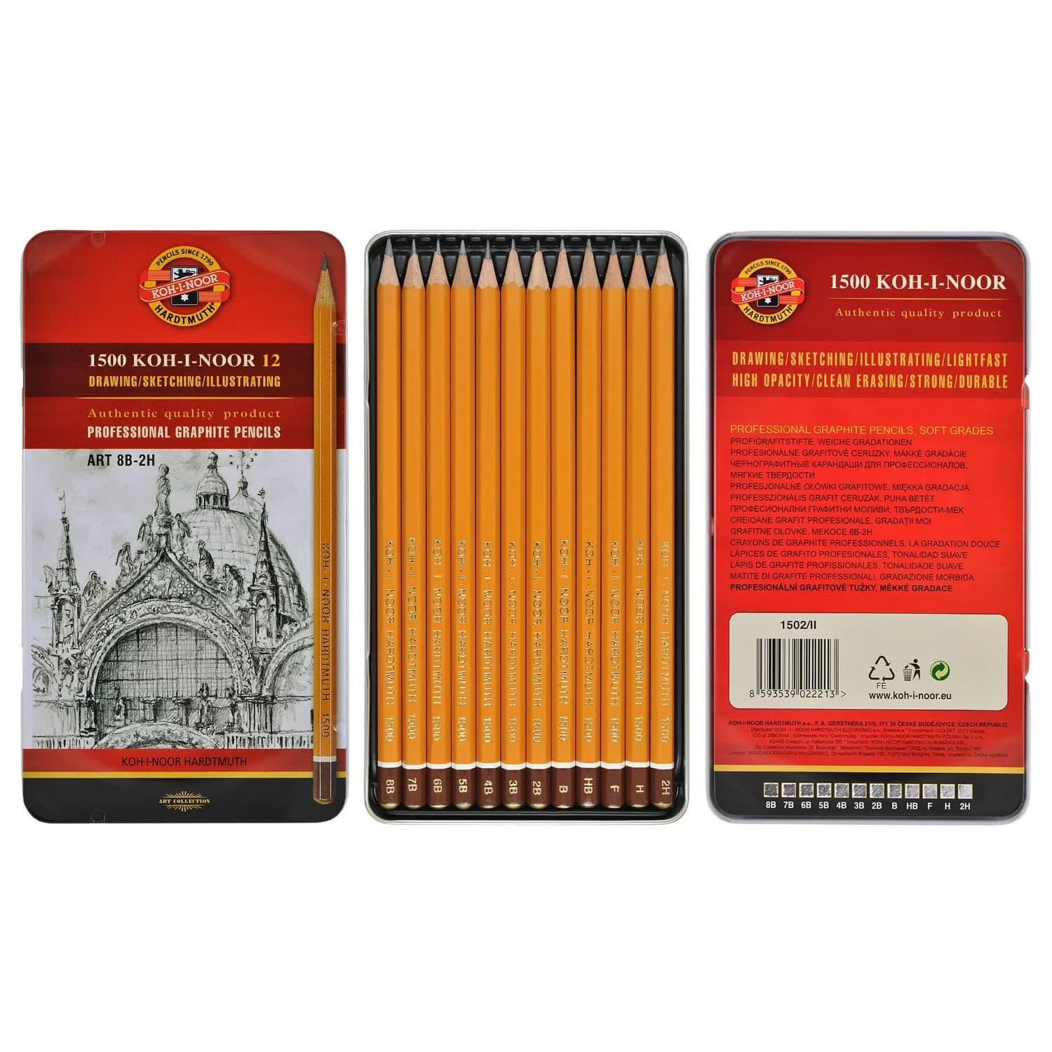 Koh-I-Noor Toison d'Or Graphite Pencil Artist Set, 8B-2H Degrees, 12 Pencils in Tin, 1 Each | Professional Drawing Tools