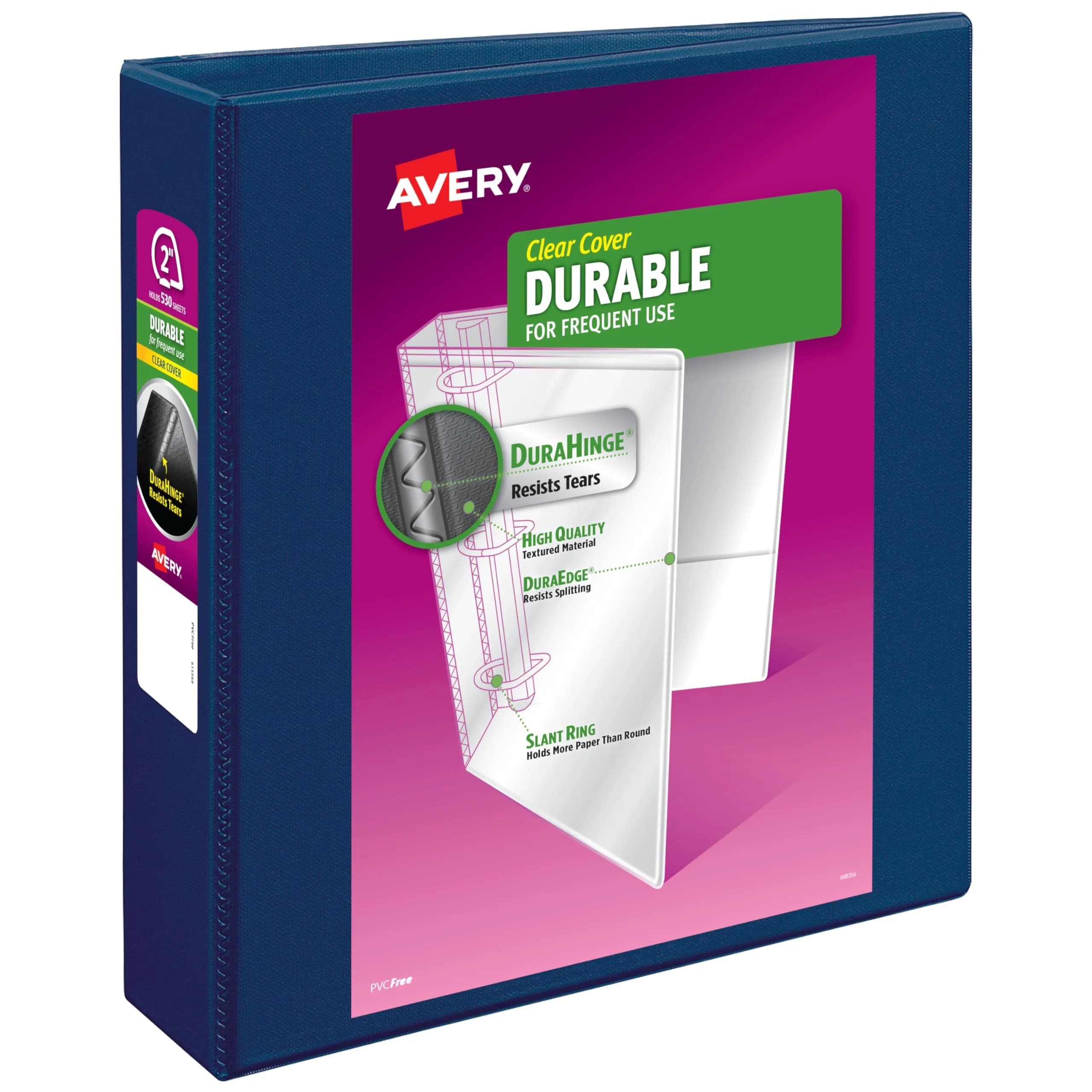 Avery Durable View 3 Ring Binder, 2" Slant Rings, 530 Sheets, Navy Blue | Tear-Resistant Spine & Edges - main product image